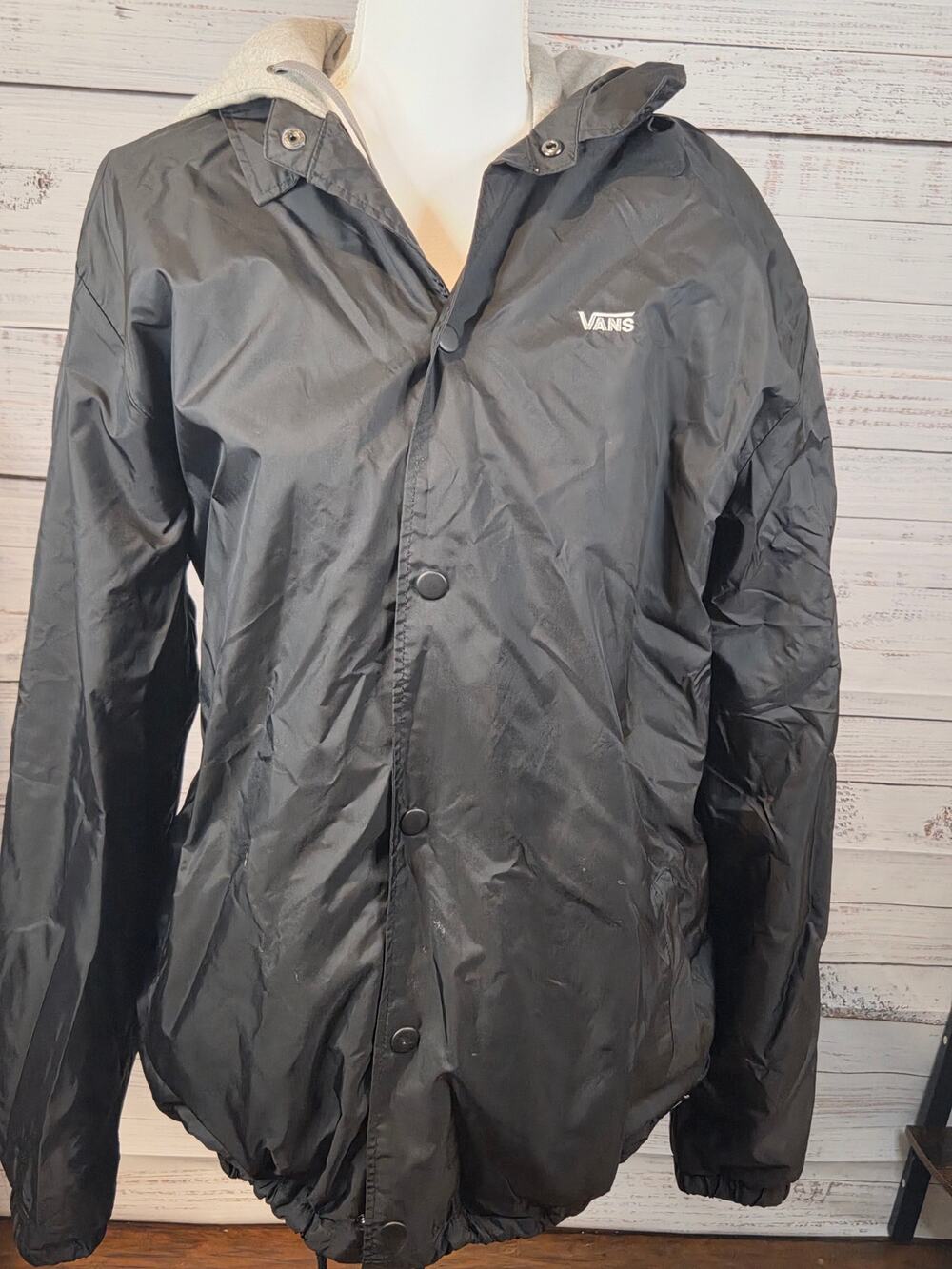 Vans Black Coach Jacket Hooded Snap Button Windbreaker Gray Fleece Hood Skate